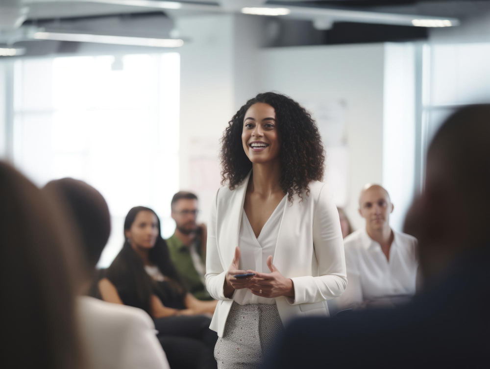 Liderança conduzindo reunião de equipe em sua primeira gestão